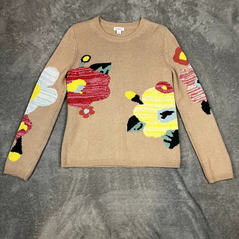 Sundance Sweater Womens S Crewneck Cashmere Lambswool Floral Beige